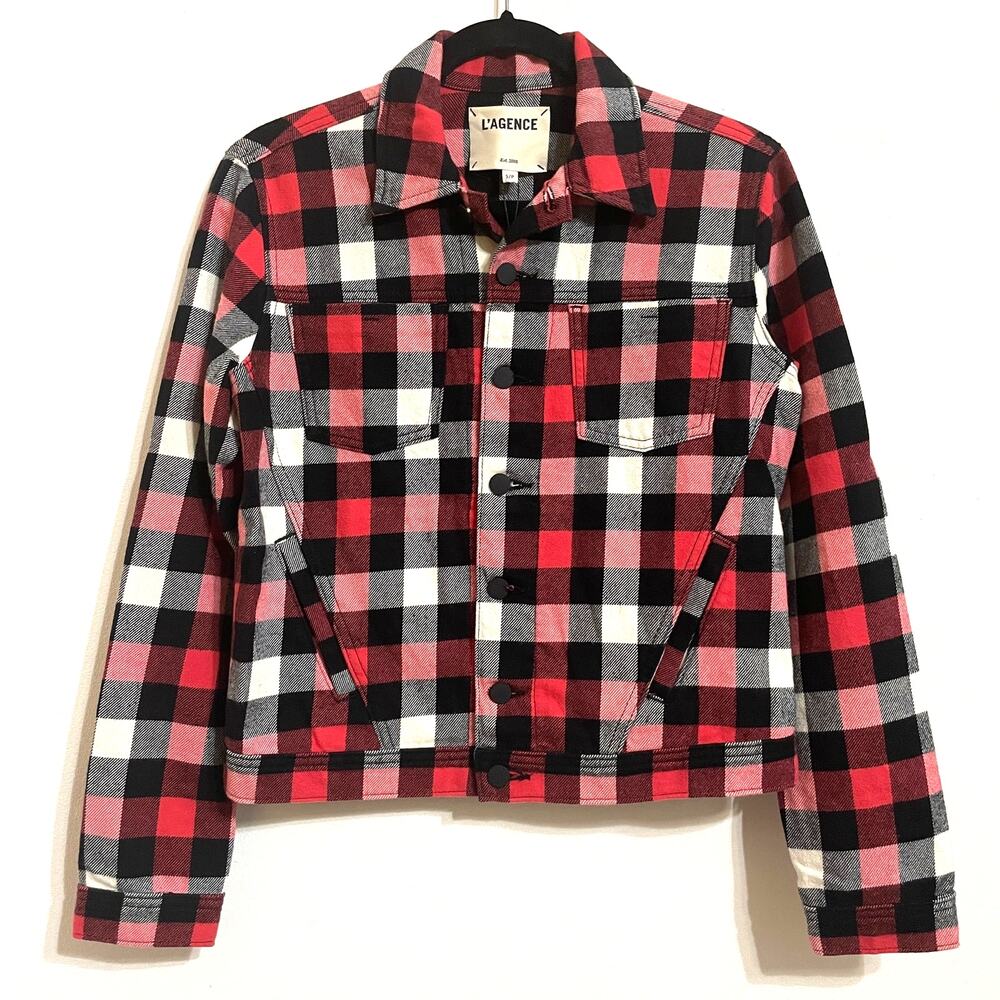 NWT L'Agence Celine Slim Jacket Button Up RARE Print Red Buffalo Check Sz Small